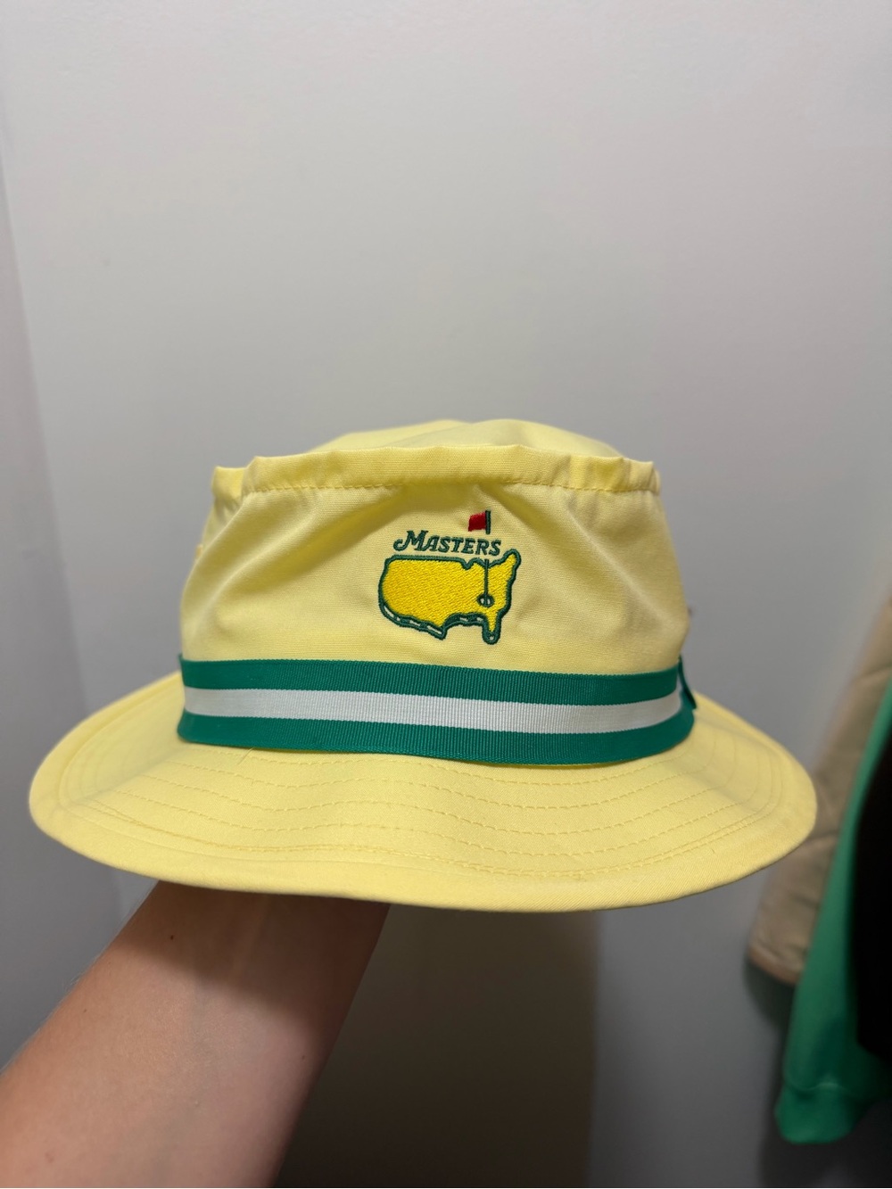 Masters Yellow Bucket Hat with Green Stripe